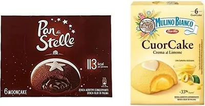 Produktbild von Testpaket Barilla Mulino Bianco Cuor Cake Snack gefüllt mit Zitronencreme - Pan di Stelle Mooncake Snack gefüllt mit Schokocreme ( 12 x 35g )