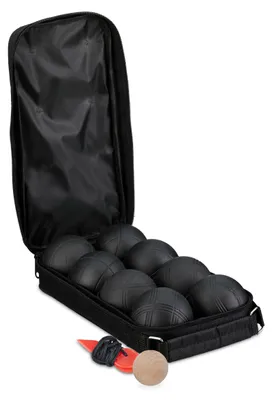 Obrázok produktu pre Relaxdays Boule gule, 8 kovových gúľ, sada s cieľovou gúľou a meradlom vzdialenosti, taška na prenášanie, hra boccia, oceľ, čierna