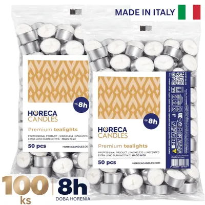 Obrázok produktu pre HORECA CANDLES čajové sviečky 100 ks Biele - Doba Horenia 8 Hodín, Bez Vône, Parafínový Vosk - Pre Reštaurácie, Svadby, Dekorácie, Oslavy a Wellness