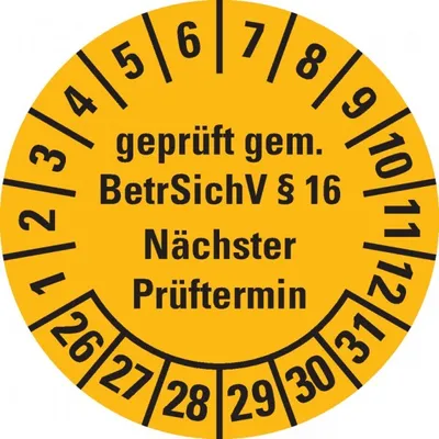 Produktbild von Dreifke® Prüfplakette gepr.gem.BetrSichV §16, 26-31, gelb, Dokufolie, Ø 30mm,...