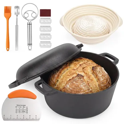 Productafbeelding van Gietijzeren broodpan - 26 cm - 4,7 liter - Broodbakset - Rotan rijsmand