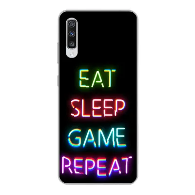 Produktbild von MuchoWow® Handyhülle Schutzhülle Hülle für Samsung Galaxy A70 Gaming - Led - Zitat - Eat sleep game repeat - Gaming Silikon Softcase Handy Hülle - Schutzhaube