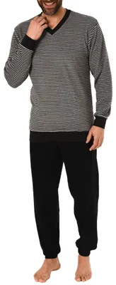 Produktbild von Lässiger Herren Frottee Pyjama langarm mit Bündchen in Ringel - Optik - 291 101 13 784 ; grau , 58