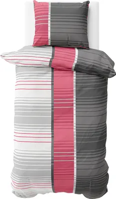Produktbild von Bettwäsche 155x200 cm Mikrofaser Bettbezug Rot Grau Weiß Gestreift Garnitur Bezug 2 teilig