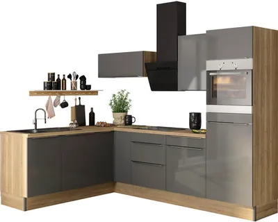 Obrázek produktu pro Rohová kuchyňská linka Optifit Linus984 270 cm barva čela antracit lesklá barva korpusu divoký dub v nesmontovaném stavu