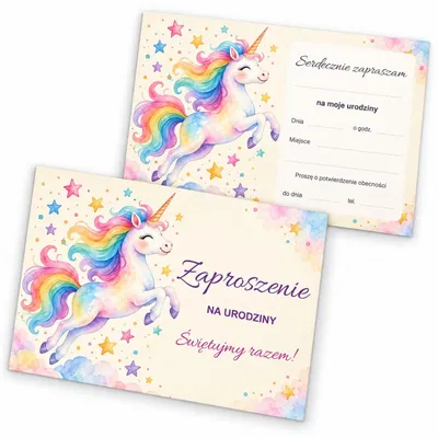 Zdjęcie produktu dla ZAPROSZENIA URODZINOWE Tęczowy Jednorożec NA PRZYJĘCIE