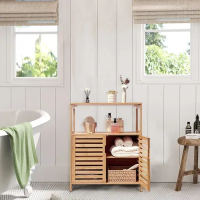 Image de WAOHO armoires de salle de bain en bambou,étagère salle de bain,sideboard salon,sideboard, étagère salle de bain debout,armoire cuisine, étagère salle de bain debout 65X87X33cm
