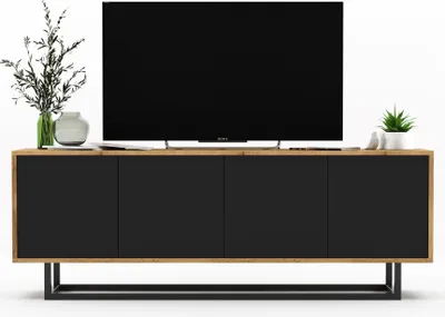 Obrázek produktu pro TV skříňka Loft Televizní stolek RTV skříňka Apollo2 150cm x 53cm x 35cm - Moderní - Štvordverový - Černý kovový rám , Barva: Dub Wotan - černý mat