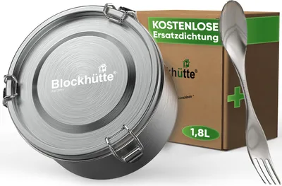 Produktbild von Blockhütte Edelstahl Brotdose Rund 1800ml - Auslaufsichere XL Lunchbox mit Göffel & Ersatzdichtung, BPA-frei, Meal Prep Behälter Groß,