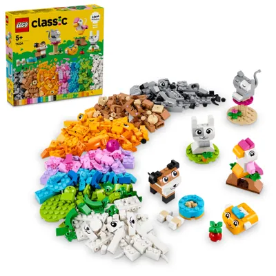 Productafbeelding van LEGO Classic Creatieve Dieren, doos met kleurrijke steentjes. Bouw speelgoedfiguren van dieren, zoals een hond, kat, konijn, hamster en vogel, met behulp van deze bouwstenen. Constructiespeelgoed voor jongens en meisjes vanaf 5 jaar. Artikelnummer: 11034