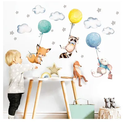 Immagine prodotto di Omgoods - Adesivi murali con animali e palloncini per la cameretta dei bambini (97 x 57 cm)