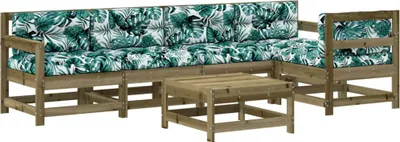 A wooden garden lounge set with green and white patterned cushions and a matching coffee table, set against a white background.