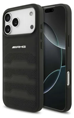 Image de Housse iPhone 17 Pro Max cuir véritable perforé Mercedes AMG noir logo