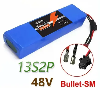 Immagine prodotto di Batteria agli ioni di litio 48 V 100 Ah - 13S2P - Connettori Bullet-SM - BMS integrato - Per e-bike/e-scooter - 238×48×68 mm