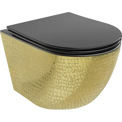 Zdjęcie produktu dla Mexen Lena miska wc Rimless z deską wolnoopadającą slim, duroplast, czarna mat/złota wzór łuski - 30224078