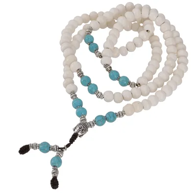 Produktbild von Tibetische Mala aus Halbedelsteinen, Buddhistische Gebetskette, Meditationskette, Yoga Kette - Budhha/Türkis, Weiß, Ketten & Modeschmuck für den Hals