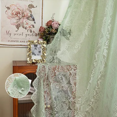 Produktbild von 2 Stück Vorhänge Mintgrün Voile Blumen Stickerei Spitze Vorhang Gardinen Türvorhang für Wohnzimmer Schlafzimmer, B140×H215cm