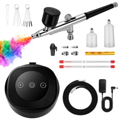 Immagine prodotto di Kit professionale per aerografo con compressore – Pressione regolabile a 28/38/48 PSI, ugelli da 0,2/0,3/0,5 mm