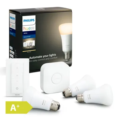 Produktbild von Philips Hue White Starter-Set: 3 smarte Lampen E27 (800) + Dimmschalter, Set für intelligente Beleuchtung, Bluetooth/Zigbee, Weiß, 0 - 12 m, LED, E27
