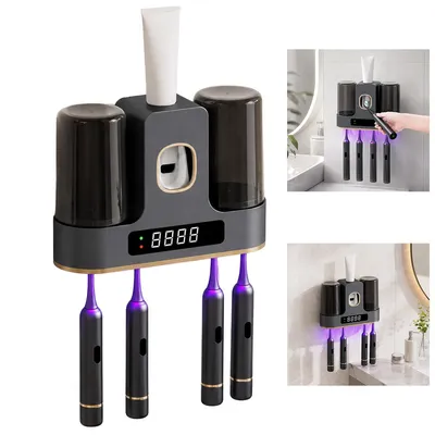 Produktbild von Elektrischer Zahnbürstenhalter UV Sterilisator mit Trocknung, Wandmontage ohne Bohren, Saugnapf, Badezimmer Zahnbürsten Organizer