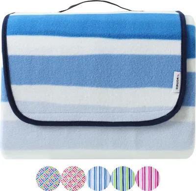 Produktbild von wometo eco-line Picknickdecke 100% recyceltes Fleece gesteppte Campingdecke XXL 200x200 Streifen blau hellblau isoliert wasserdicht waschbar