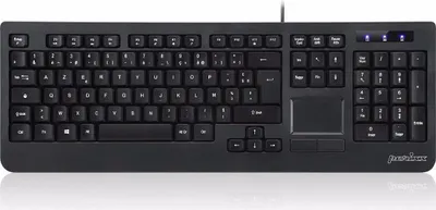 A black Perixx PERIBOARD-513 II US keyboard with a touchpad is shown from the front on a white background.