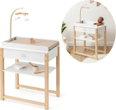 Produktbild von ELLA & PIET® Puppenwickeltisch SPLASHY mit Badewanne und Mobile aus Holz (Weiß-Schlamm)