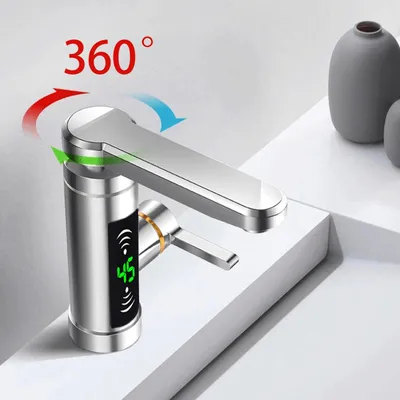 Produktbild von Elektrischer Durchlauferhitzer-Wasserhahn - Waschtischarmatur - 3 kW Schnellaufheizung - Digitalanzeige - 360° schwenkbar - Deckmontage - Ventilkern aus Edelstahl - Hellgrau