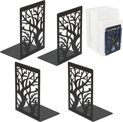 Produktbild von Set mit 4 schwarzen Metall-Buchstützen (12 × 16 × 9,5 cm) für Regale, Schreibtische, Schulen und Bibliotheken