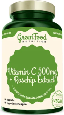 Produktbild von GreenFood Nutrition Vitamin C 500 + Hagebutten-Extrakt 60 Kapseln
