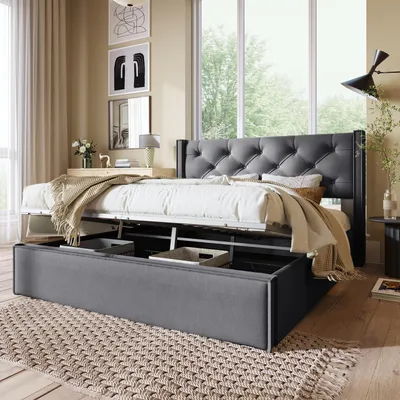 Obrázok produktu pre okwish Hydraulická manželská posteľ, čalúnená posteľ 160 x 200 cm, posteľ s lamelovým roštom a kovovým rámom, moderný rám postele s úložným priestorom, sivá (bez matraca)