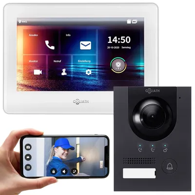 Image de GOLIATH IP Kit d'interphone vidéo en saillie pour une maison familiale (anthracite 180° station de porte, 7" écran tactile blanc, App)