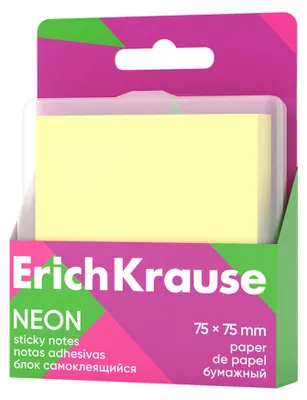 Gelbe selbstklebende Haftnotizen ErichKrause Neon im Format 75 x 75 mm in praktischer Kunststoffbox, 80 Blatt.