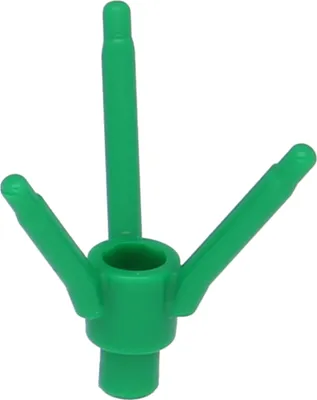 A green plastic LEGO piece with three prongs extending from a central cylindrical base.