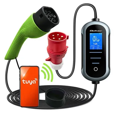 Imagen del producto de Cargador para vehículos eléctricos Qoltec, 7 kW, 230 V, conector CEE 32 A, tipo 2, conexión Wi-Fi, cable de 5 metros