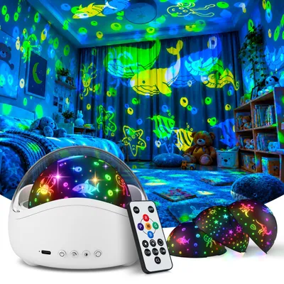 Nachtlicht-Projektor für Kinder, 360°, 3 Filme, Fernbedienung, Timer