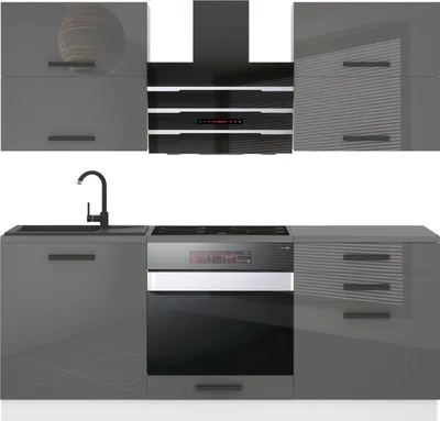 Produktbild von Belini Küchenzeile Küchenblock Emily - Küchenmöbel 180 cm Einbauküche Vollausstattung ohne Elektrogeräten mit Hängeschränke und Unterschränke, ohne Arbeitsplatten, Silber Hochglanz