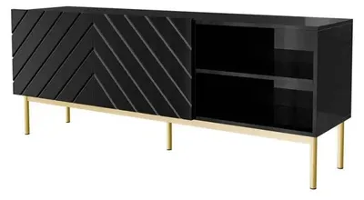 Productafbeelding van ABETO TV-kast met gouden stalen frame, 150x42x60 cm, zwart/glanzend zwart