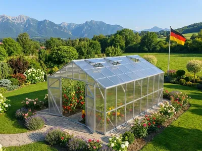 A greenhouse in a garden setting with mountains in the background.