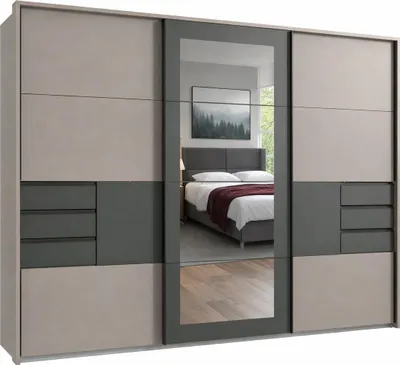 Produktbild von Schwebetürenschrank Kleiderschrank 273 cm Passepartout Schubladen Spiegel Sandgrau, Grafit / 22508