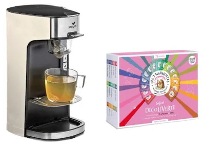 Productafbeelding van Senya Tea Time theemachine, elektrische waterkoker in crème kleur, en de "Les 2 Marmottes" ontdekdoos (72 theezakjes)