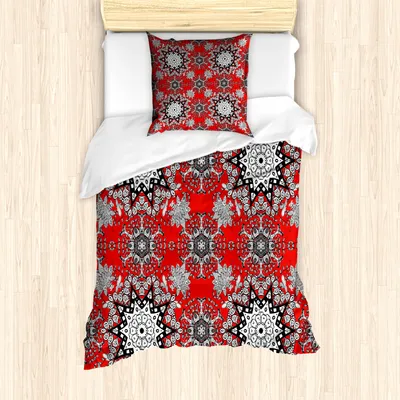 Produktbild von ABAKUHAUS Red Mandala Mantele, Blumenstrudel, Milbensicher Allergiker geeignet mit Kissenbezügen, 135 cm x 200 cm - 80 x 80 cm, Scarlet Weiß