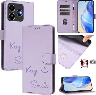 Collage of images showing a purple phone case with card slots and RFID protection, and a phone inside the case.