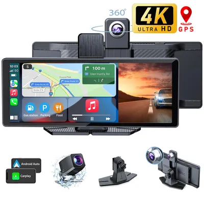 A collage of product images and marketing graphics for a car dashcam monitor.