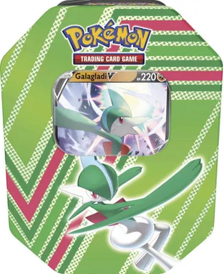 A Pokemon trading card game tin featuring Galagladi V.