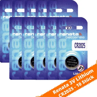 Multiple blister packs of Renata CR2025 lithium coin cell batteries.