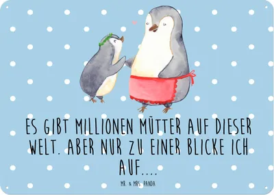 Produktbild von Mr. & Mrs. Panda tafel Pinguin mit Kind DIN A5 - Blau Pastell - Geschenk, Bruder, Vorbild Mama, Muttertag, Wandbild, Familie, Mutter, Blechschild, wandtafel, Retro
