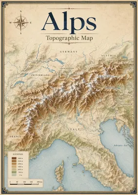 Produktbild von Vintage Kartenposter DIN A2 – Alps Topographic Map, dekorative Alpenkarte mit Reliefoptik, matt auf Ilford Papier gedruckt