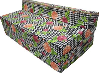 A folded mattress or sofa bed with a houndstooth and floral pattern.