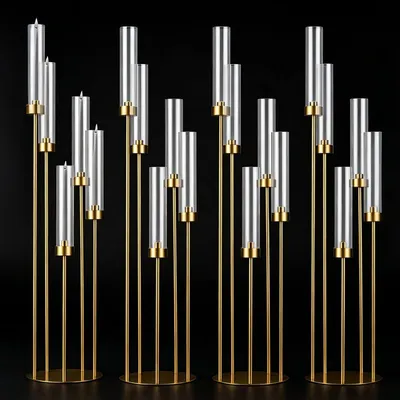 Produktbild von Fünfarmige goldene Kerzenständer, Set aus 4 Metall-Kerzenständern für Hochzeiten